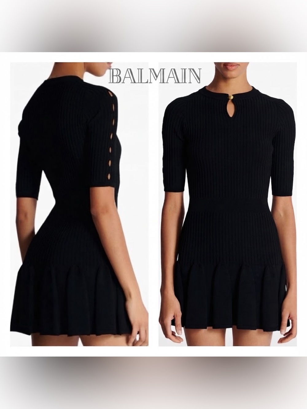 NEW BALMAIN Black Keyhole Neck with Gold Button Ribbed Flutter Skirt Mini Dress